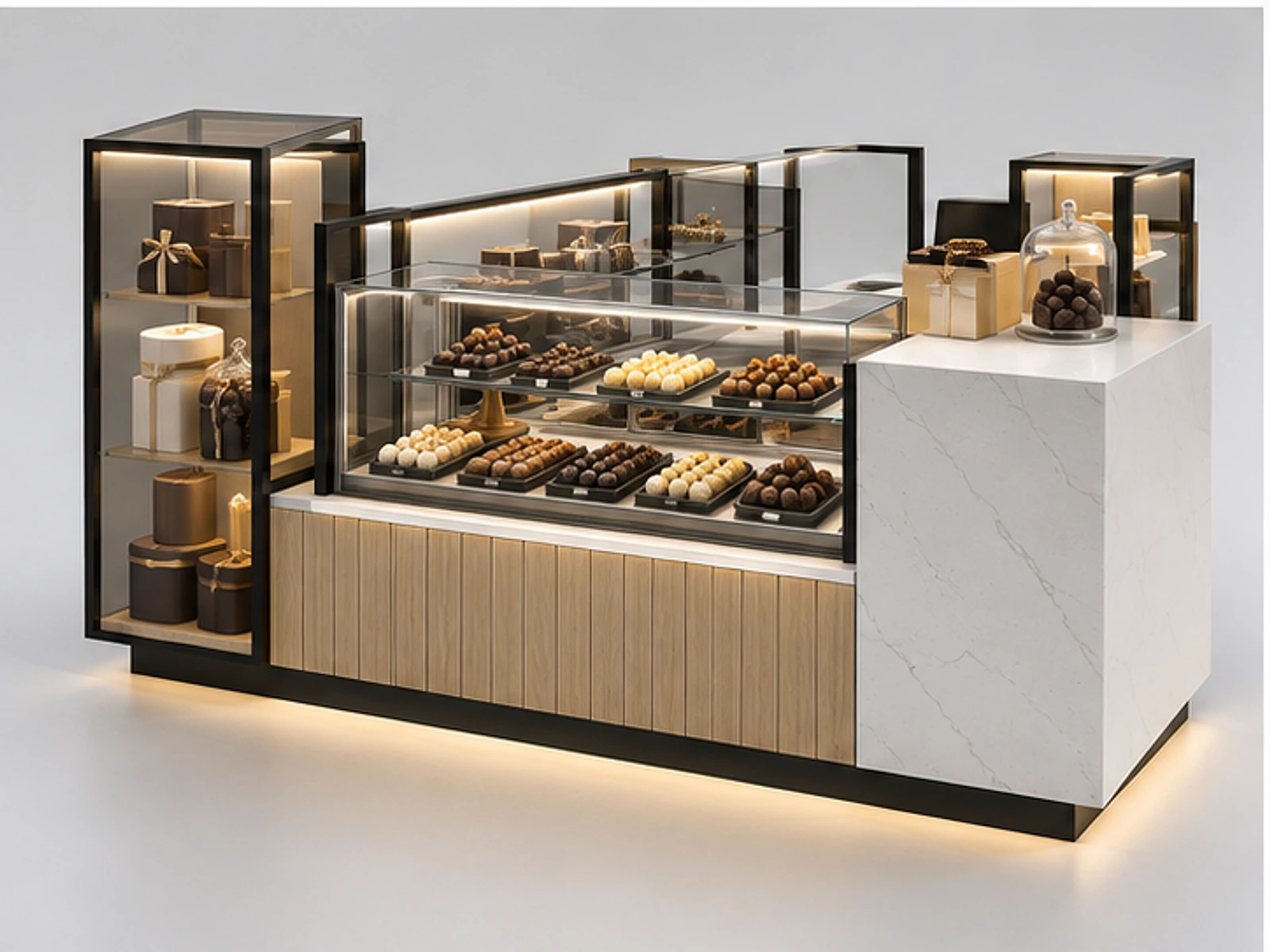 Modern Chocolate Kiosk with Glass Gift Showcase customer-facing display and service counter