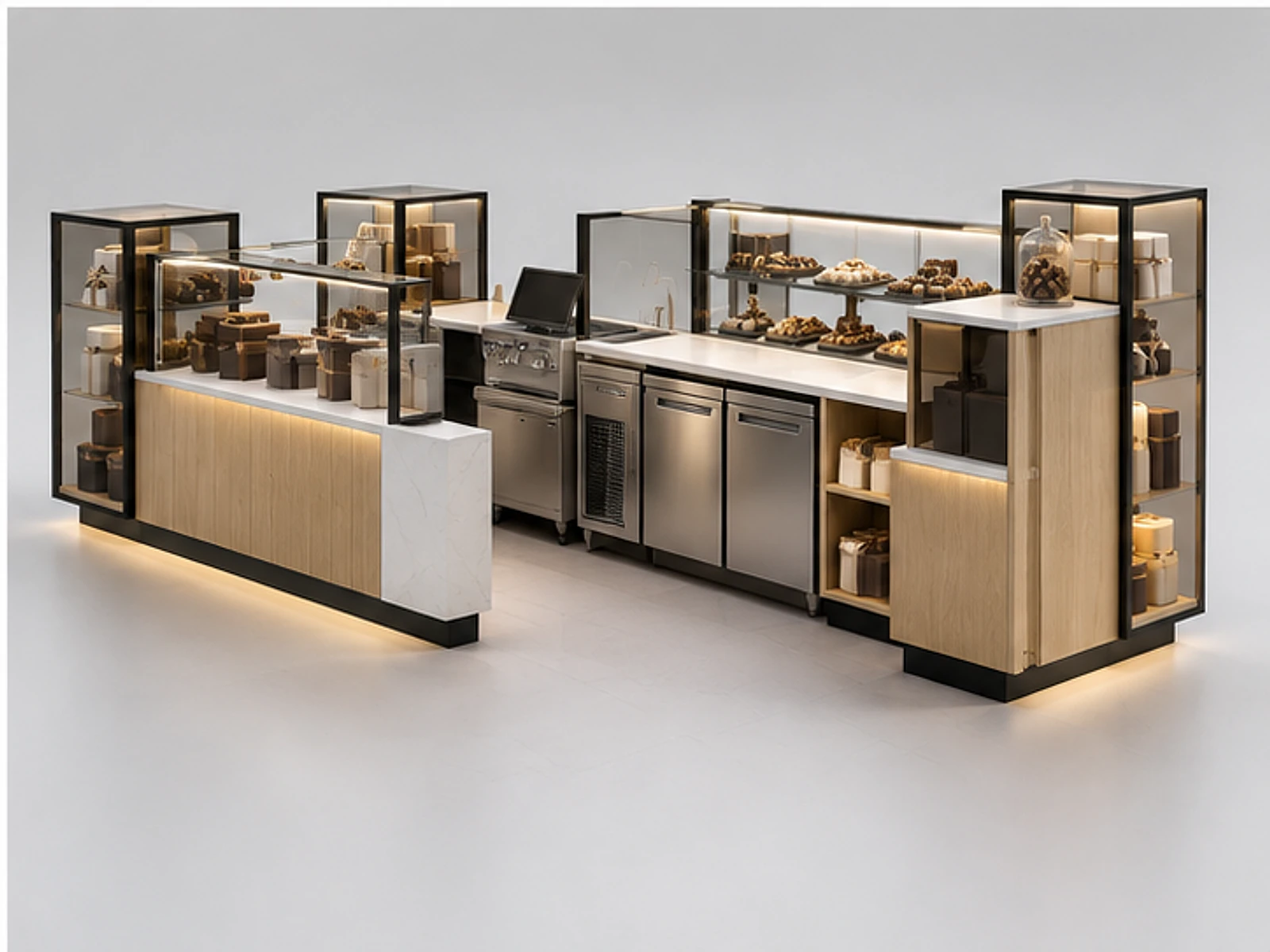 Modern Chocolate Kiosk with Glass Gift Showcase staff-side equipment and storage layout