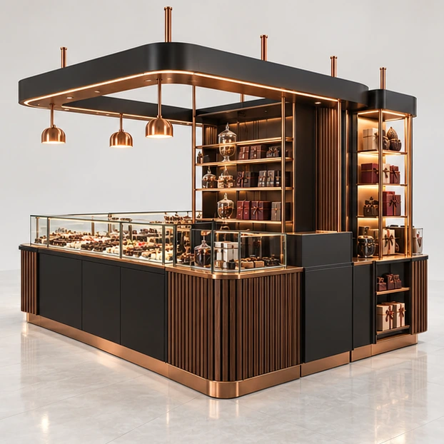 Modular Chocolate Kiosk with Expandable Gift Display opposite angle showing its complete footprint and display layout