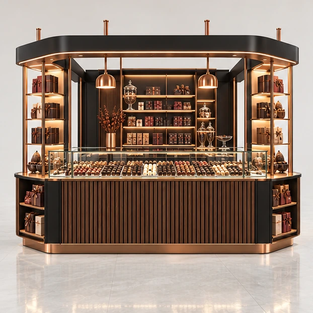 Modular Chocolate Kiosk with Expandable Gift Display customer-facing service and display view