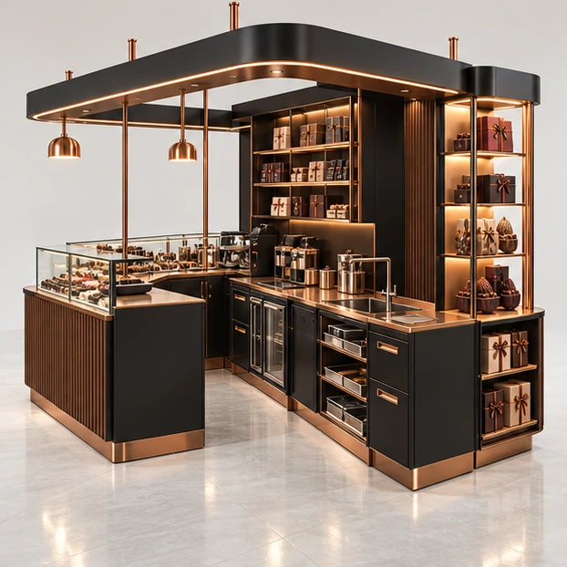 Modular Chocolate Kiosk with Expandable Gift Display operator-side equipment, access, and storage view