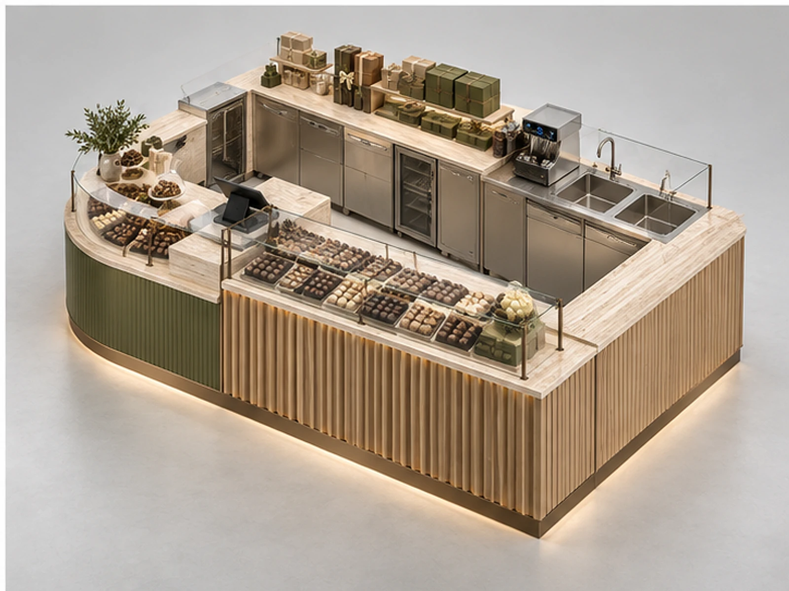 Open Chocolate Kiosk with Consultation Counter staff-side equipment and storage layout
