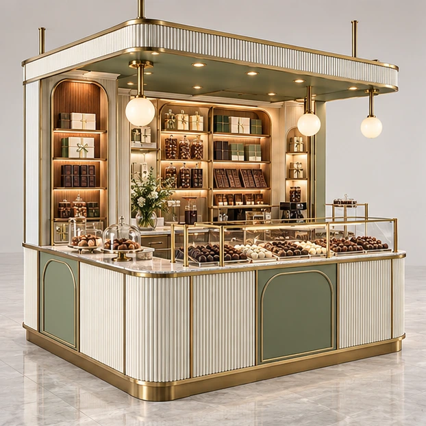 Premium Chocolate Kiosk with Brass-Trim Glass Cases main three-quarter product rendering
