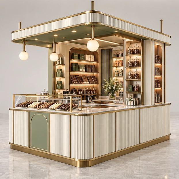 Premium Chocolate Kiosk with Brass-Trim Glass Cases opposite angle showing its complete footprint and display layout