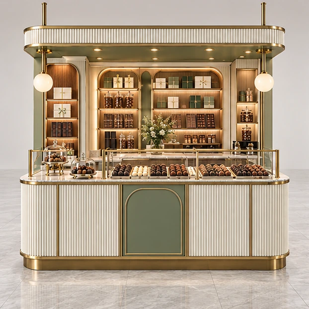 Premium Chocolate Kiosk with Brass-Trim Glass Cases customer-facing service and display view