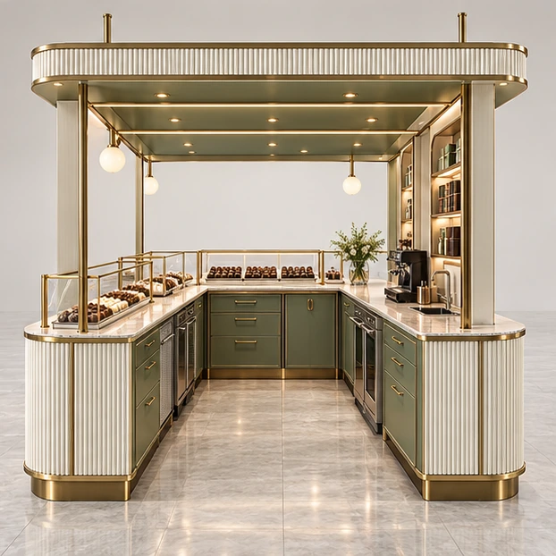 Premium Chocolate Kiosk with Brass-Trim Glass Cases operator-side equipment, access, and storage view