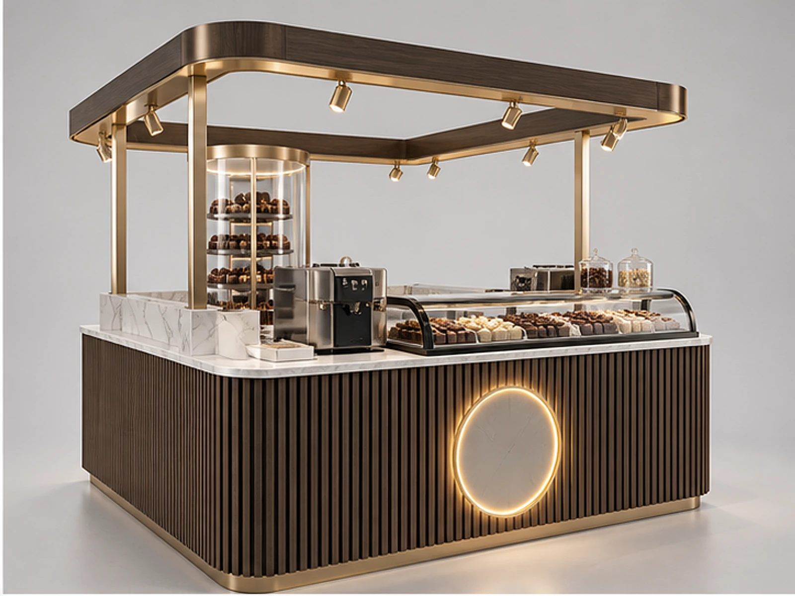 Premium Chocolate Kiosk with Marble Worktop opposite angle showing overall kiosk layout