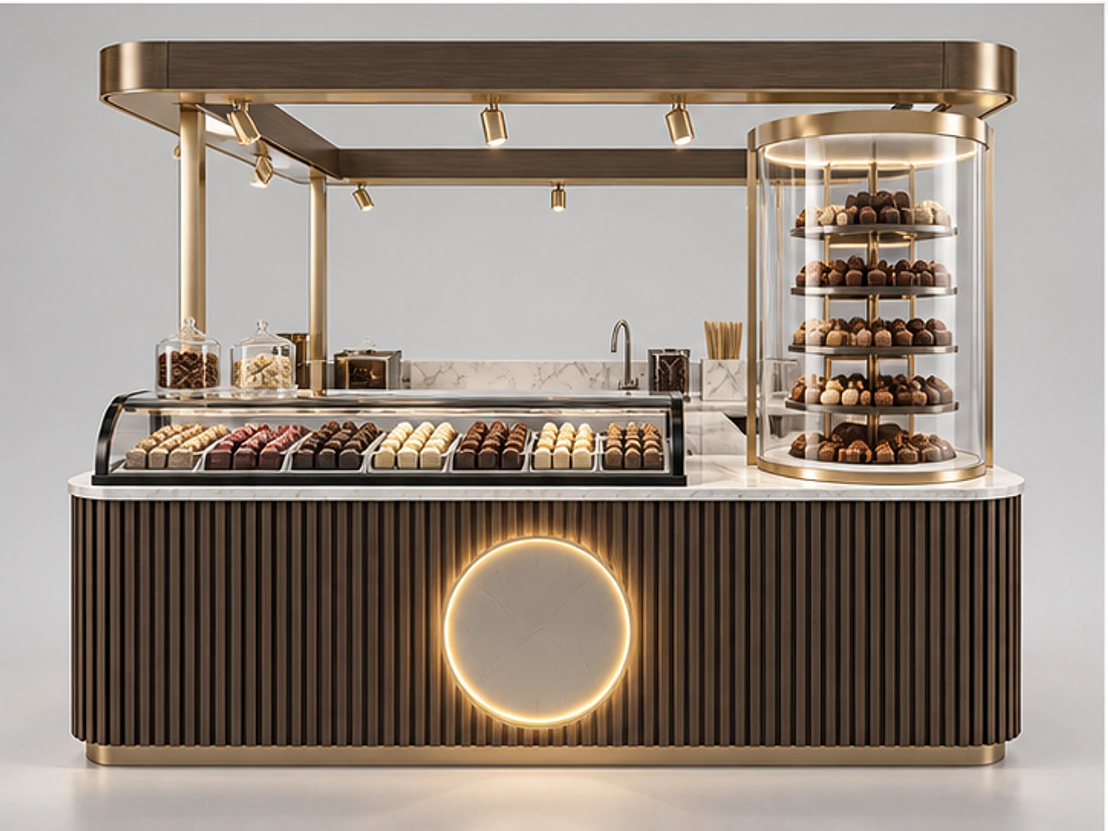 Premium Chocolate Kiosk with Marble Worktop customer-facing display and service counter