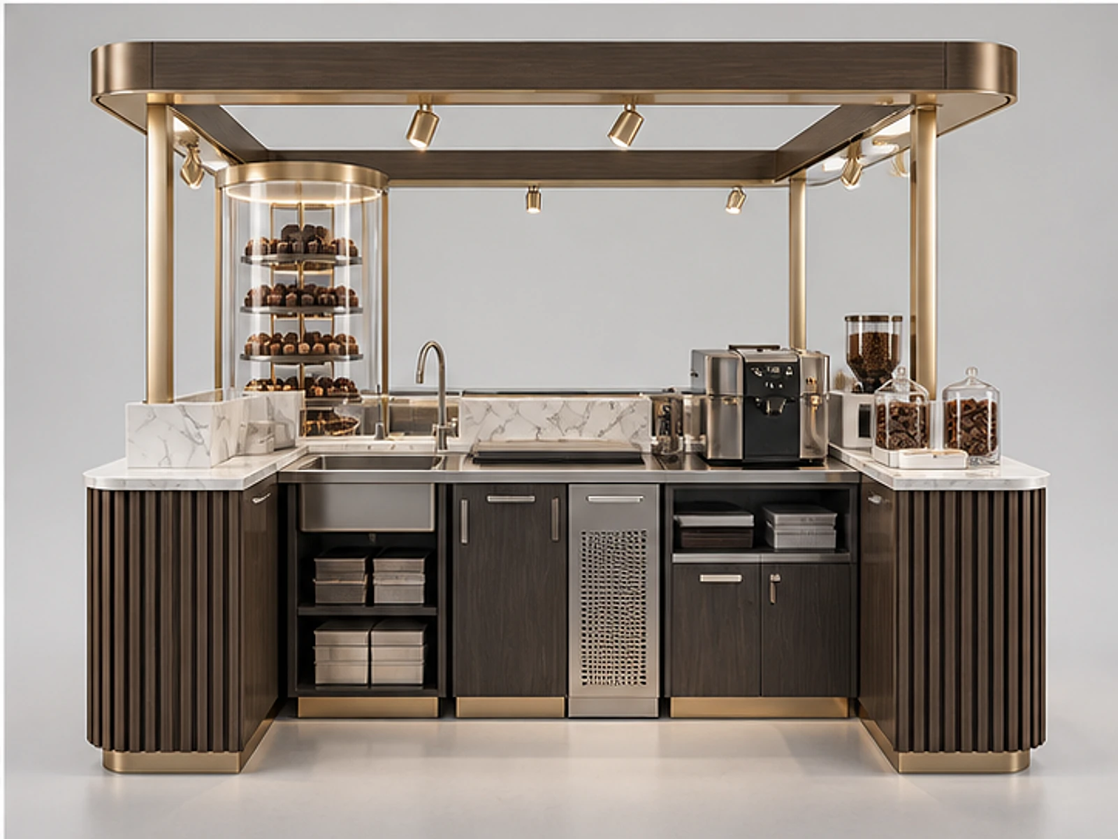 Premium Chocolate Kiosk with Marble Worktop staff-side equipment and storage layout