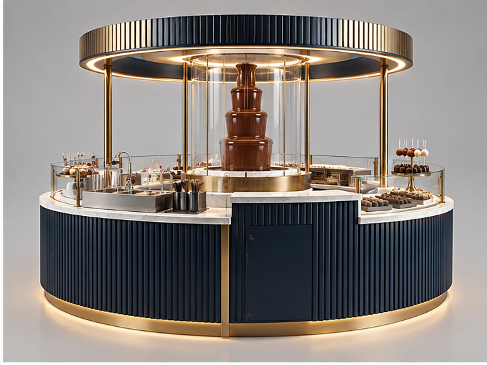 Round Chocolate Kiosk with Fountain Feature opposite angle showing overall kiosk layout