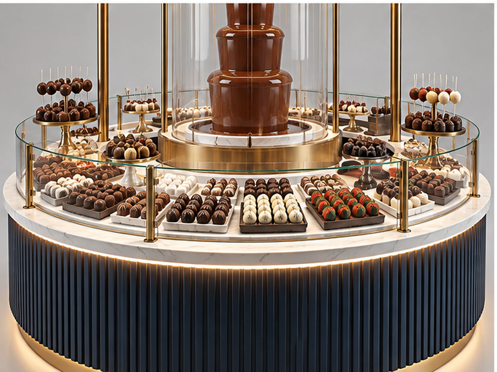 Round Chocolate Kiosk with Fountain Feature customer-facing display and service counter