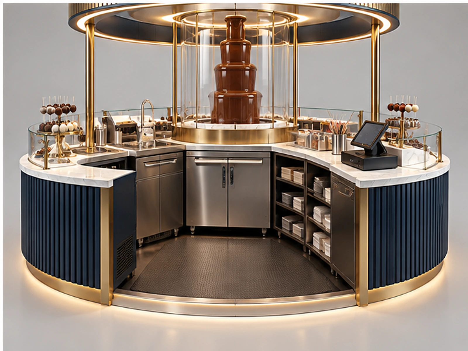 Round Chocolate Kiosk with Fountain Feature staff-side equipment and storage layout