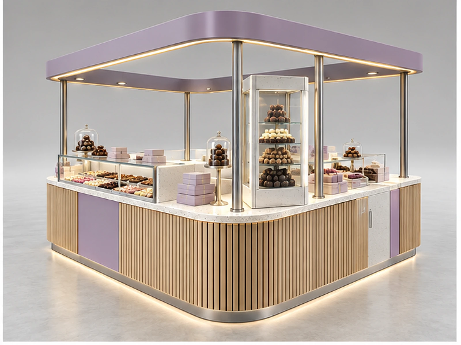 Seasonal Chocolate Booth with Flexible Merchandising opposite angle showing overall kiosk layout