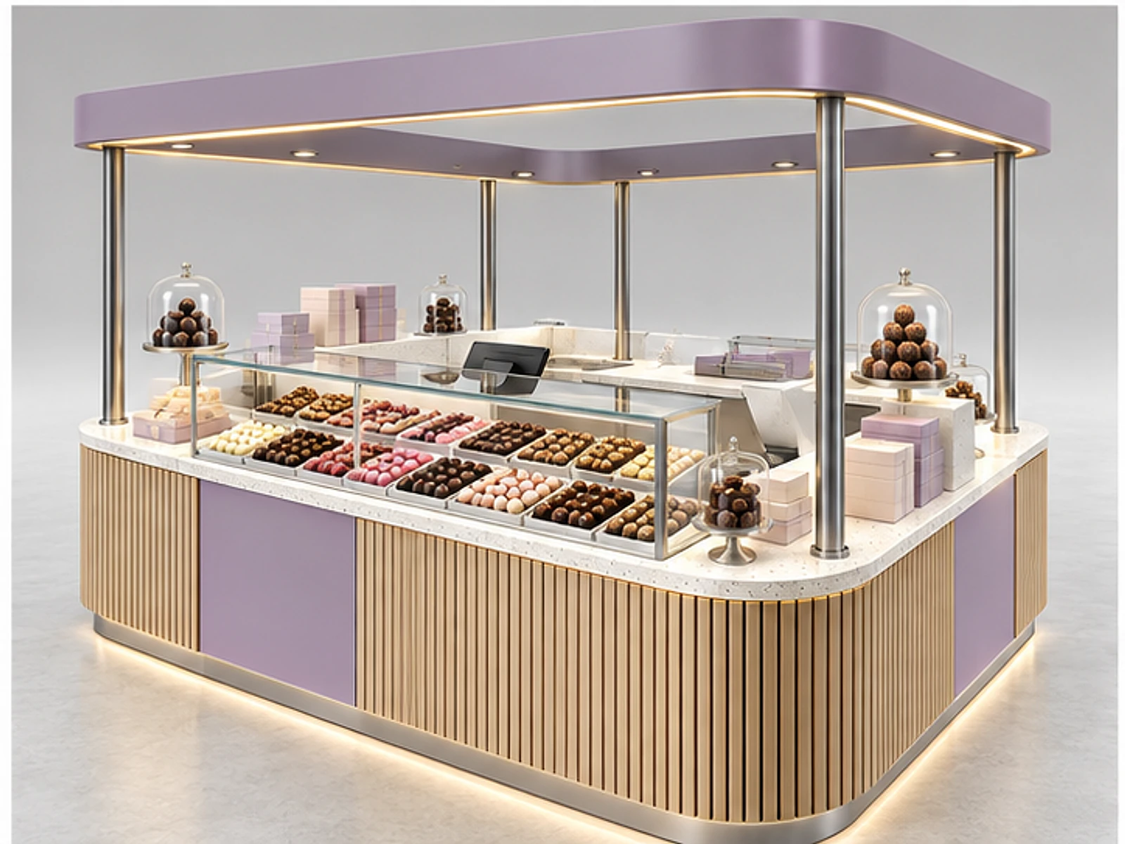 Seasonal Chocolate Booth with Flexible Merchandising customer-facing display and service counter
