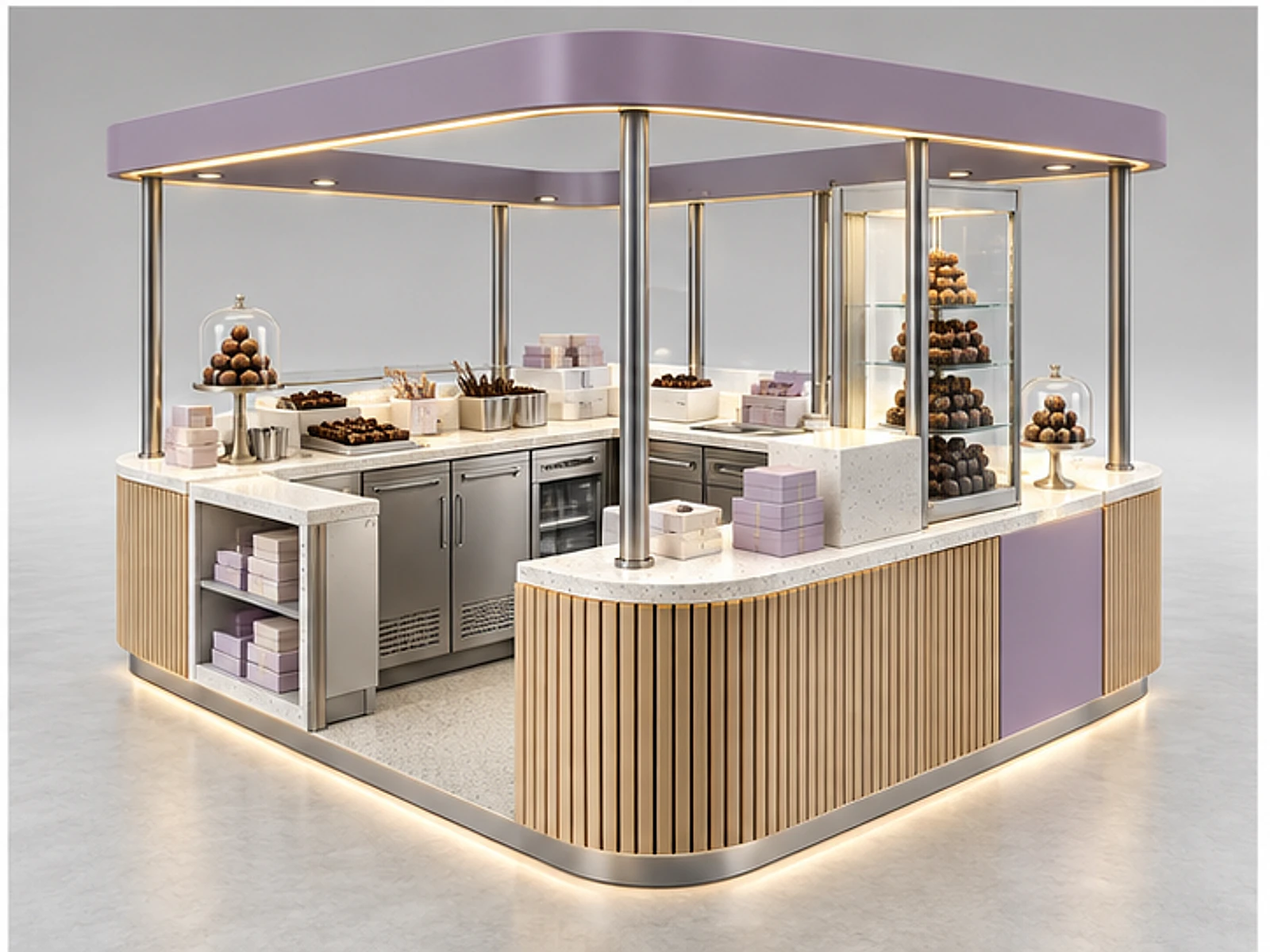 Seasonal Chocolate Booth with Flexible Merchandising staff-side equipment and storage layout