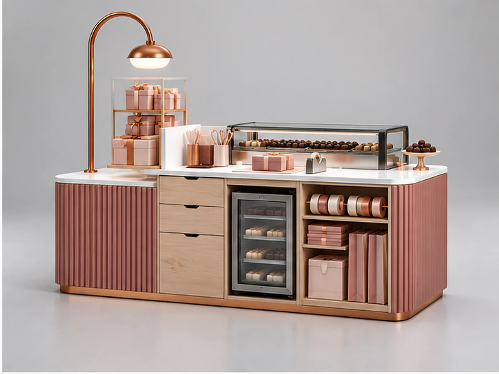Small Chocolate Counter with Gift Packaging Area opposite angle showing overall kiosk layout