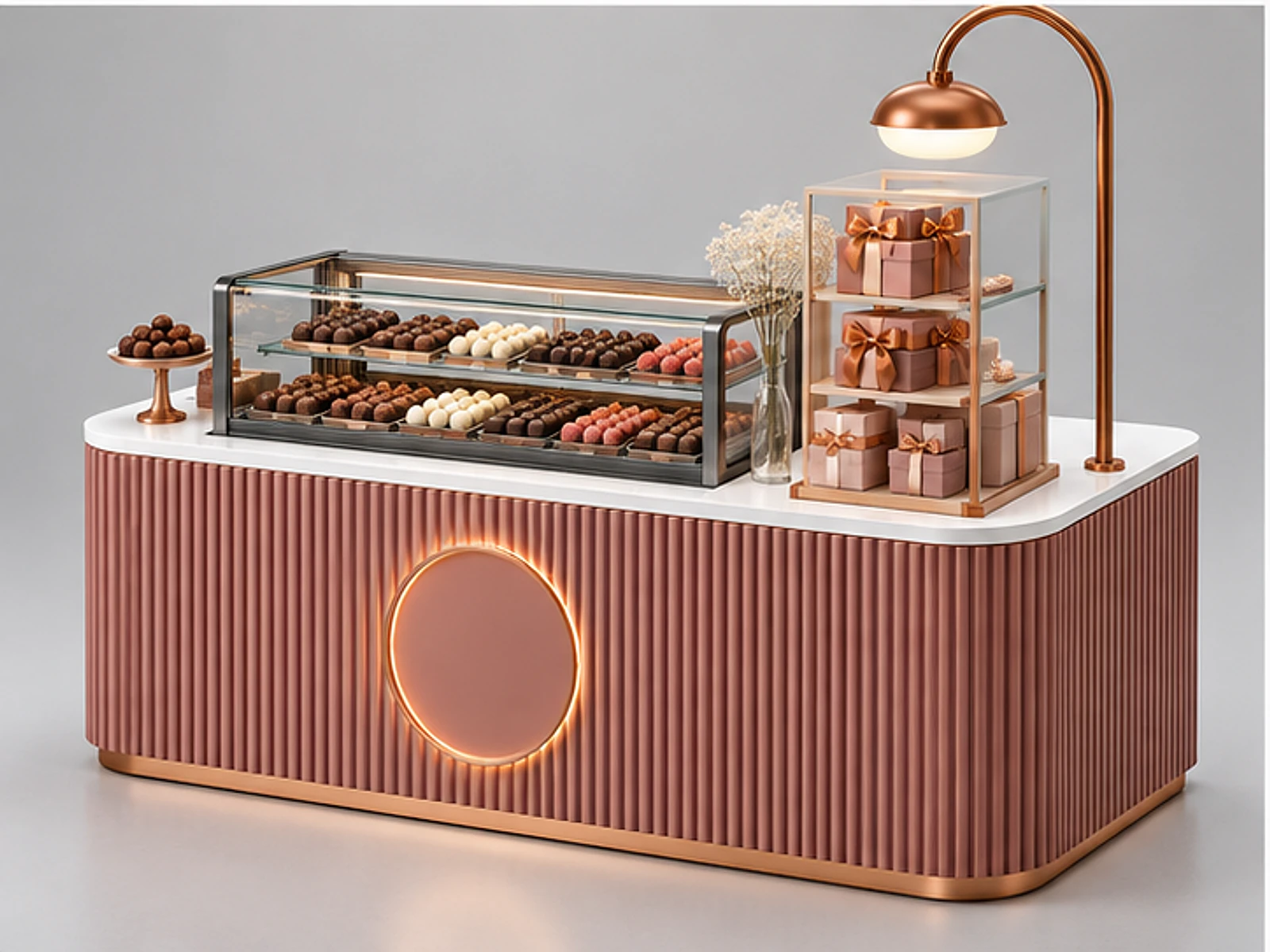 Small Chocolate Counter with Gift Packaging Area customer-facing display and service counter
