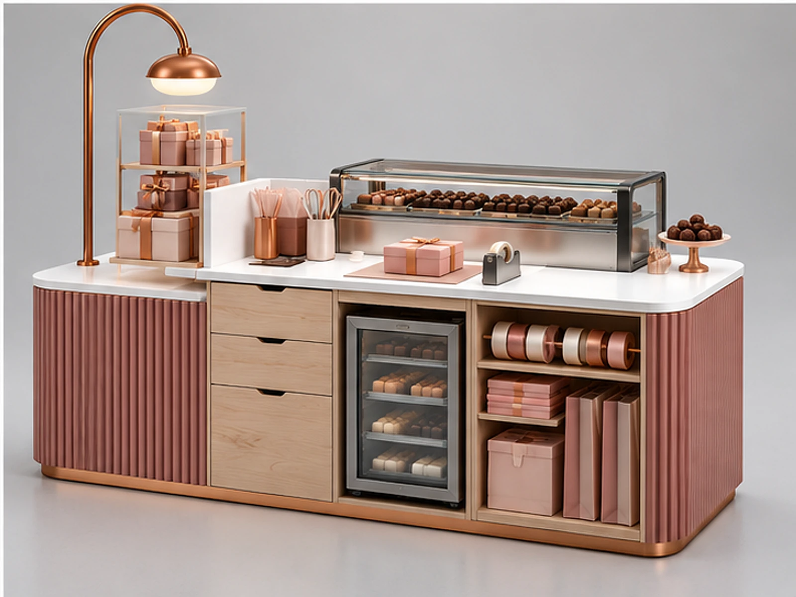 Small Chocolate Counter with Gift Packaging Area staff-side equipment and storage layout