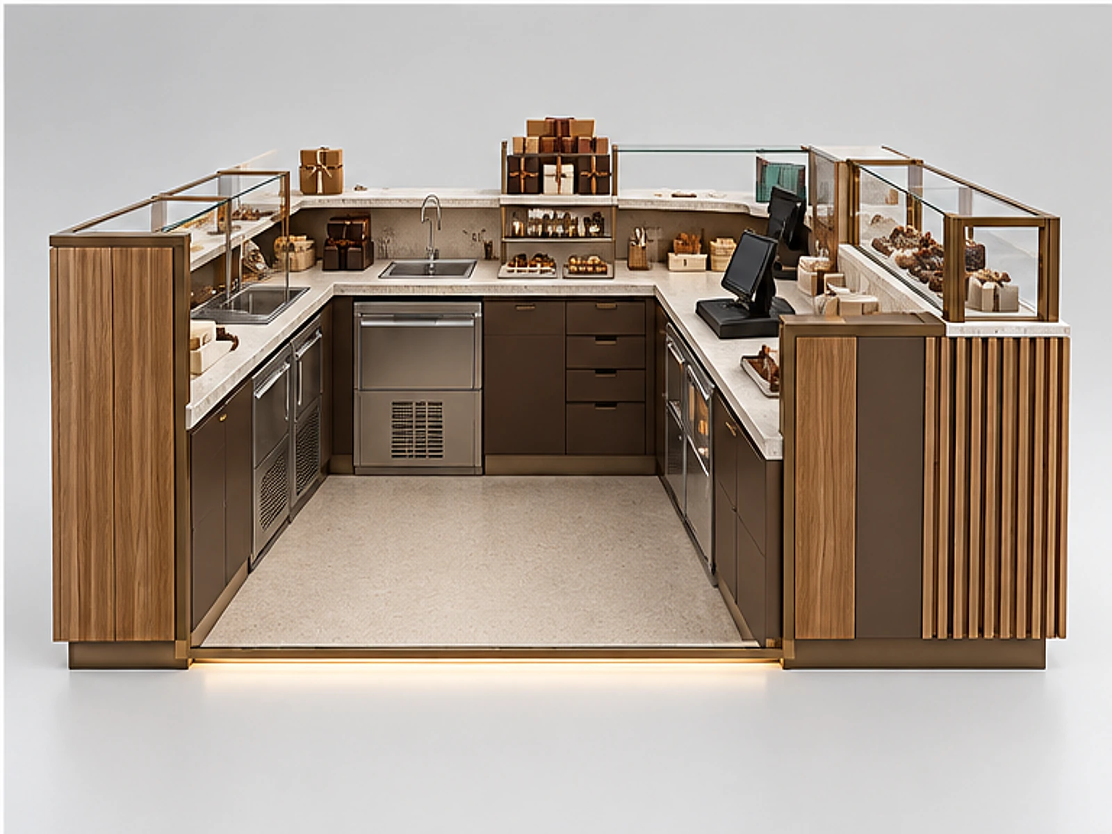 Turnkey Chocolate Kiosk Manufacturer Design staff-side equipment and storage layout