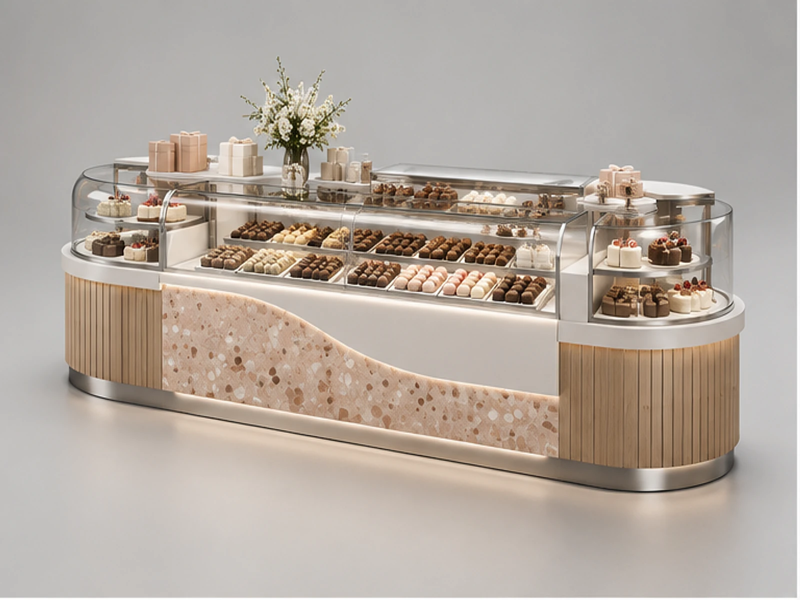 White Chocolate Kiosk with Curved Display Cases main three-quarter product view