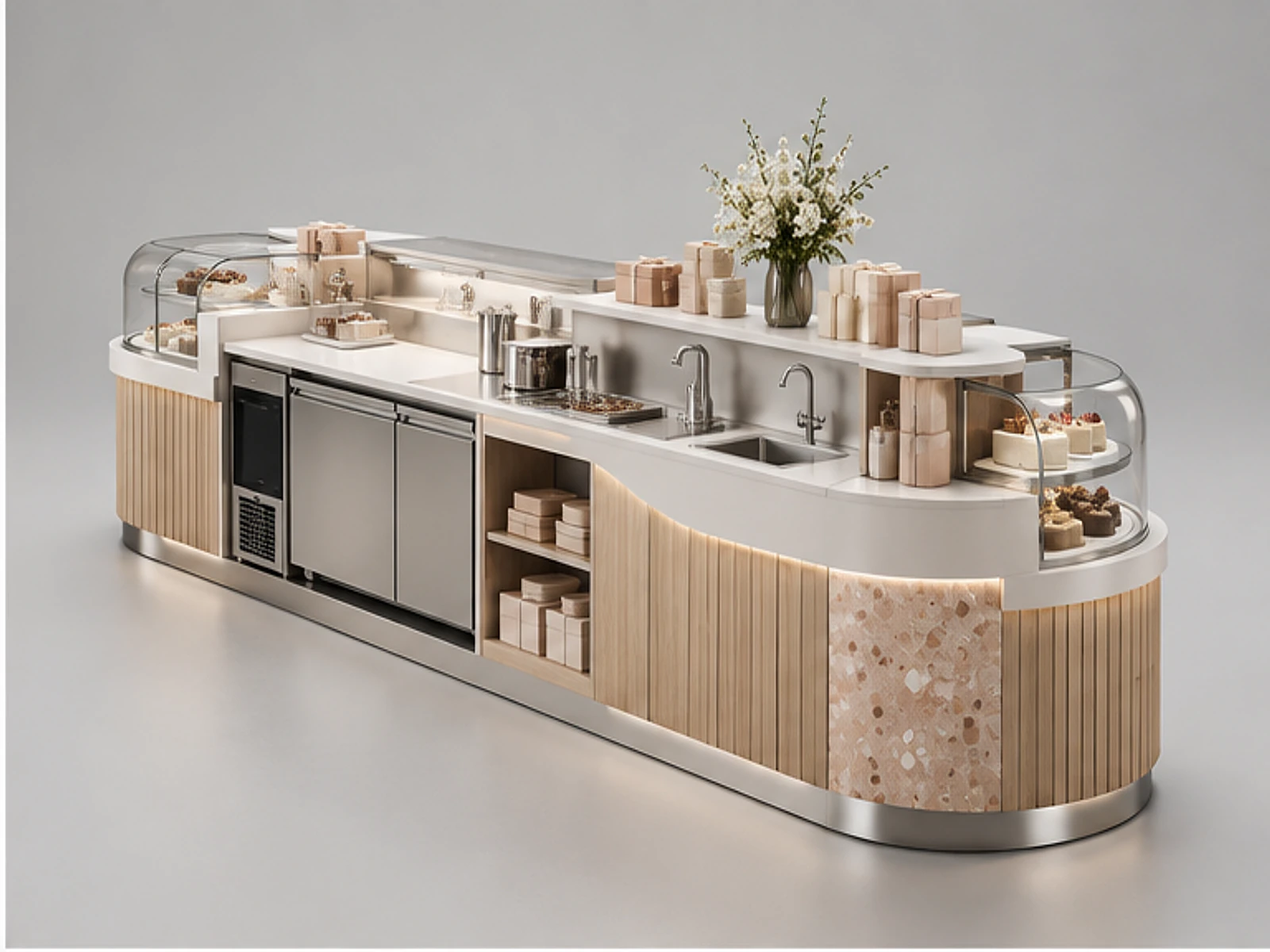 White Chocolate Kiosk with Curved Display Cases opposite angle showing overall kiosk layout
