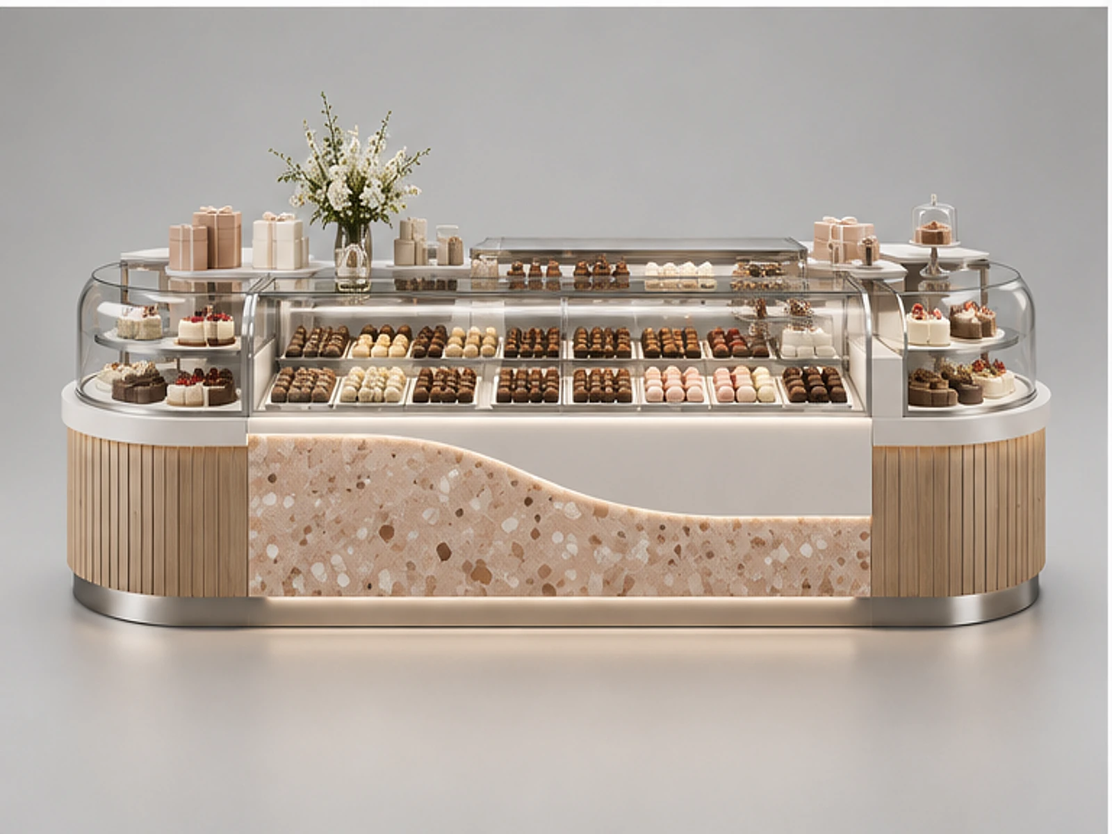 White Chocolate Kiosk with Curved Display Cases customer-facing display and service counter
