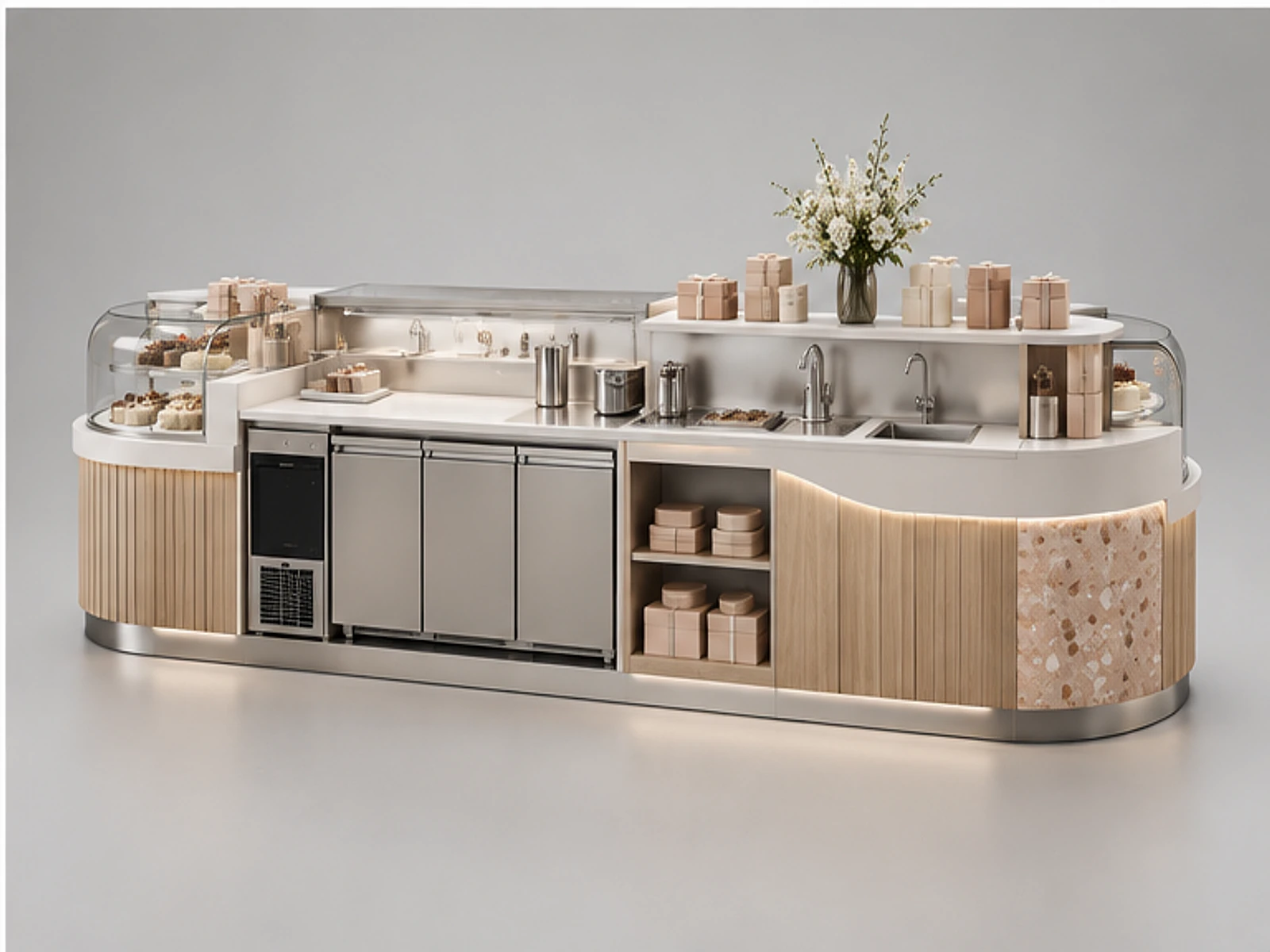 White Chocolate Kiosk with Curved Display Cases staff-side equipment and storage layout