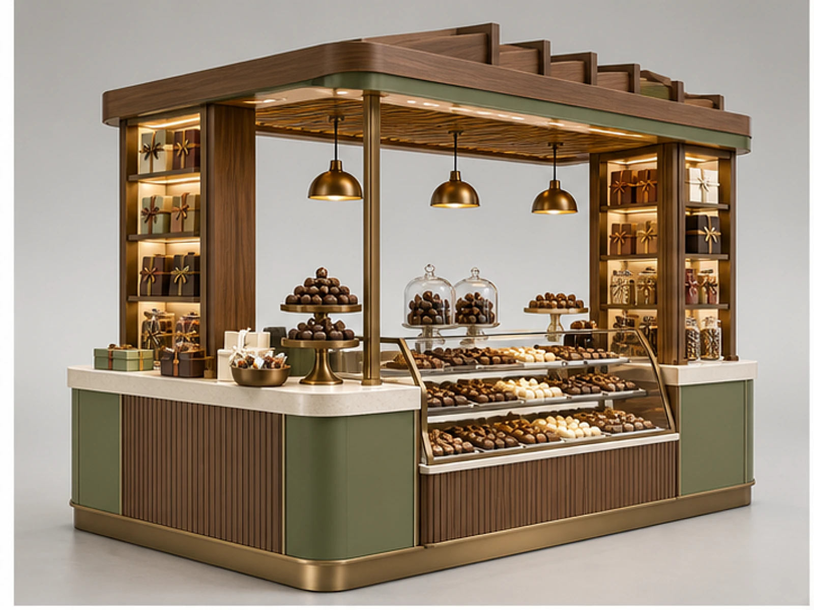 Wood Chocolate Kiosk with Boxed Gift Shelves main three-quarter product view
