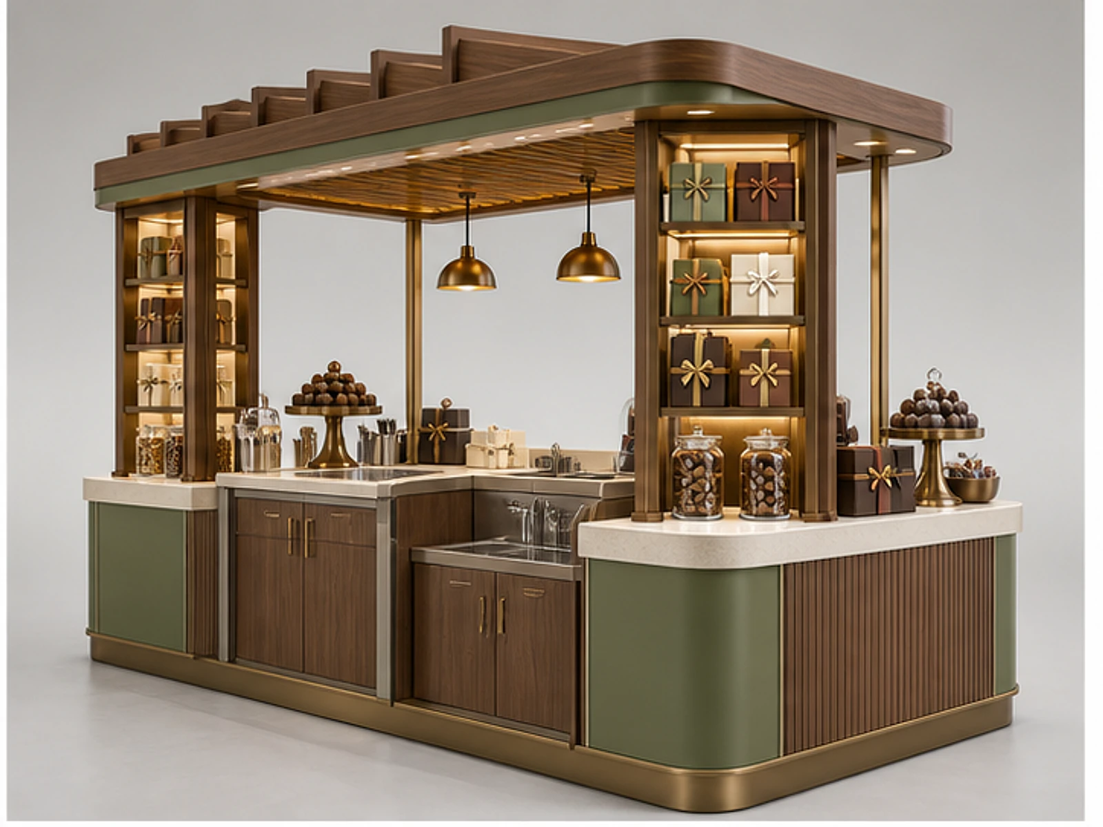 Wood Chocolate Kiosk with Boxed Gift Shelves opposite angle showing overall kiosk layout