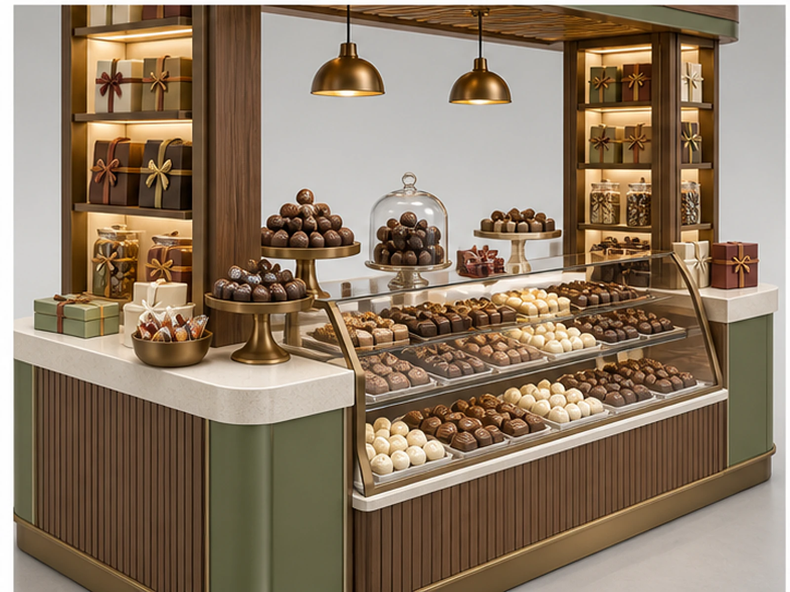 Wood Chocolate Kiosk with Boxed Gift Shelves customer-facing display and service counter