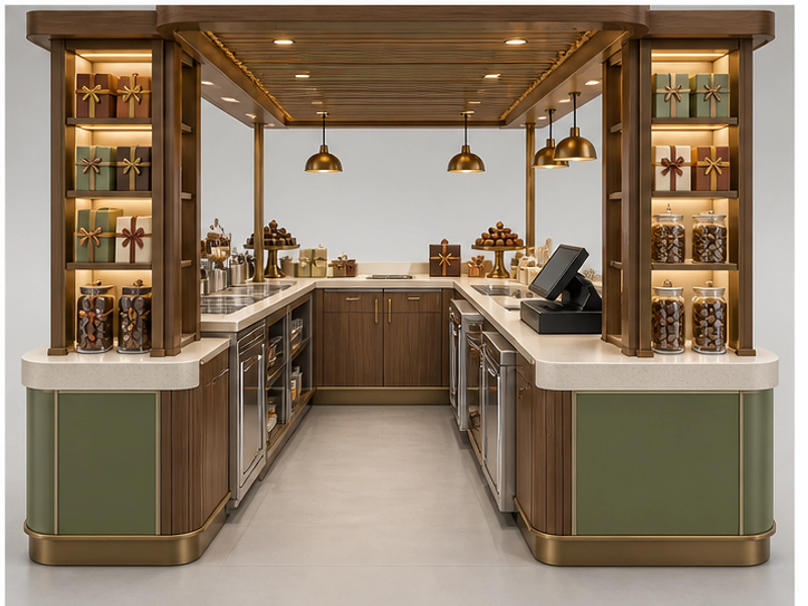 Wood Chocolate Kiosk with Boxed Gift Shelves staff-side equipment and storage layout