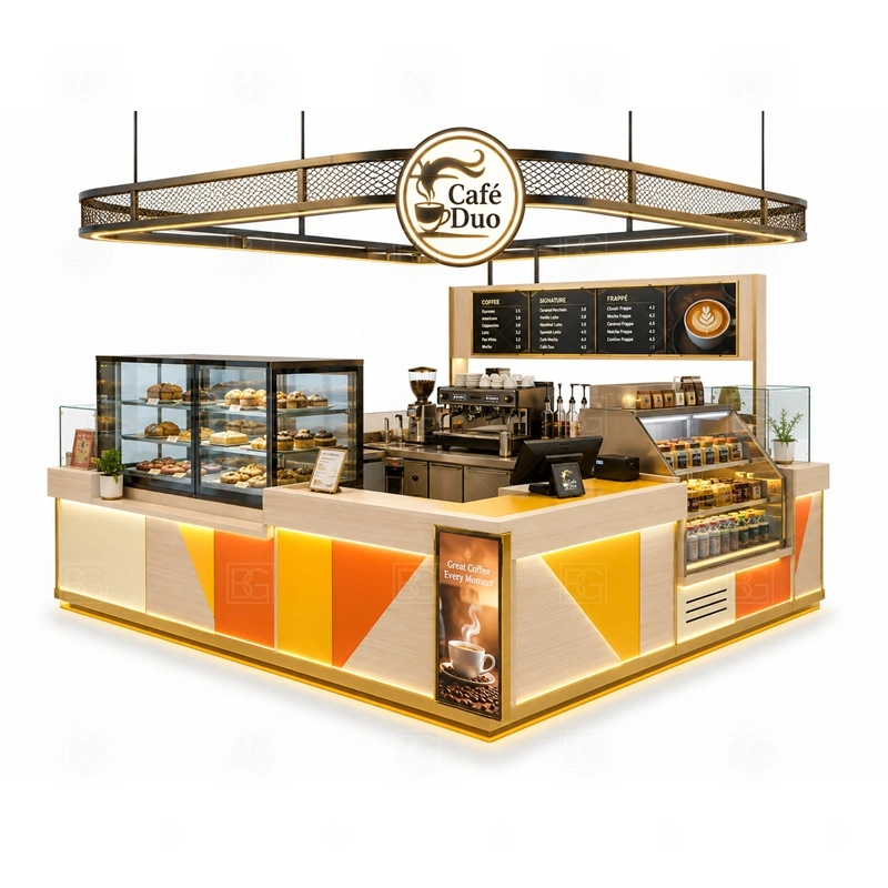 Cafe Bar Counter Kiosk for Sale with front coffee bar service, cashier counter, menu board, and customer ordering flow shown in the cafe bar counter kiosk for sale product photos for coffee and beverage retail