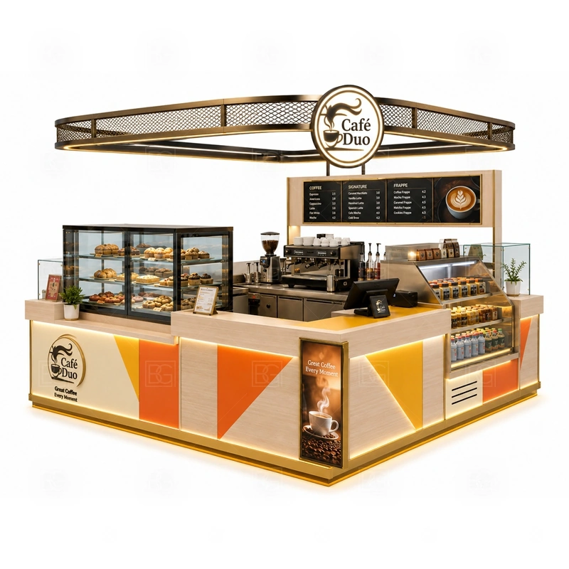 Cafe Bar Counter Kiosk for Sale display detail for espresso counter, menu board, pickup area, cup storage, dessert display, and customer-facing brand panels planned for cafe bar counter kiosk for sale