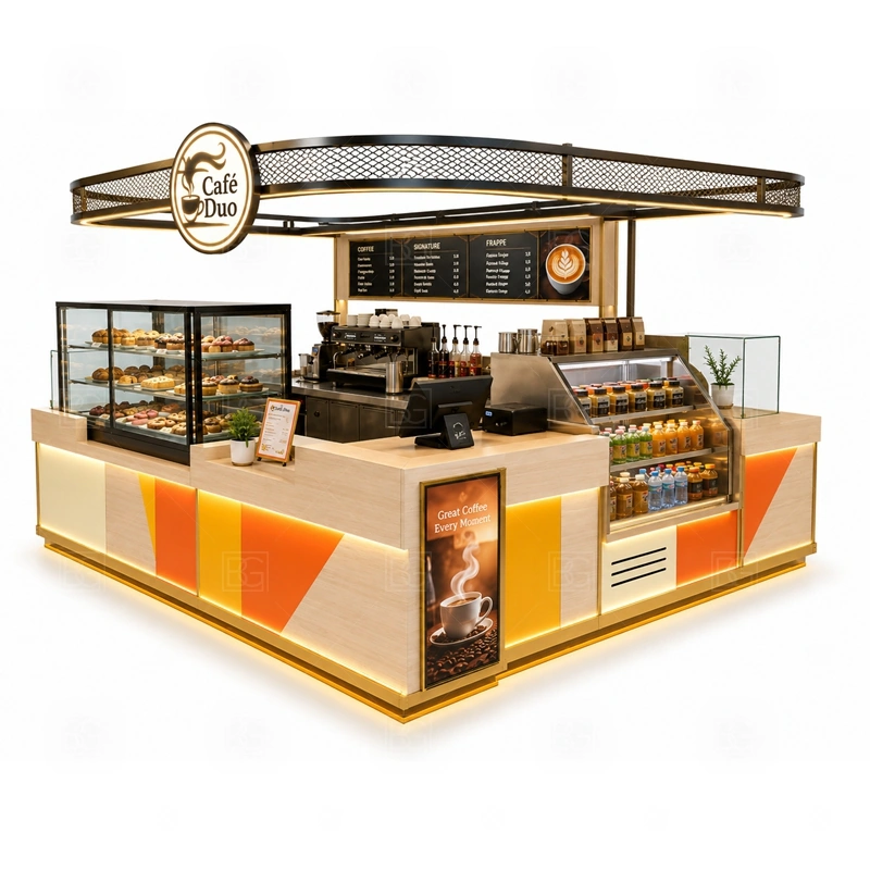 Cafe Bar Counter Kiosk for Sale branding detail for logo panels, menu boards, front graphics, side signs, and coffee brand colors coordinated for cafe bar counter kiosk for sale