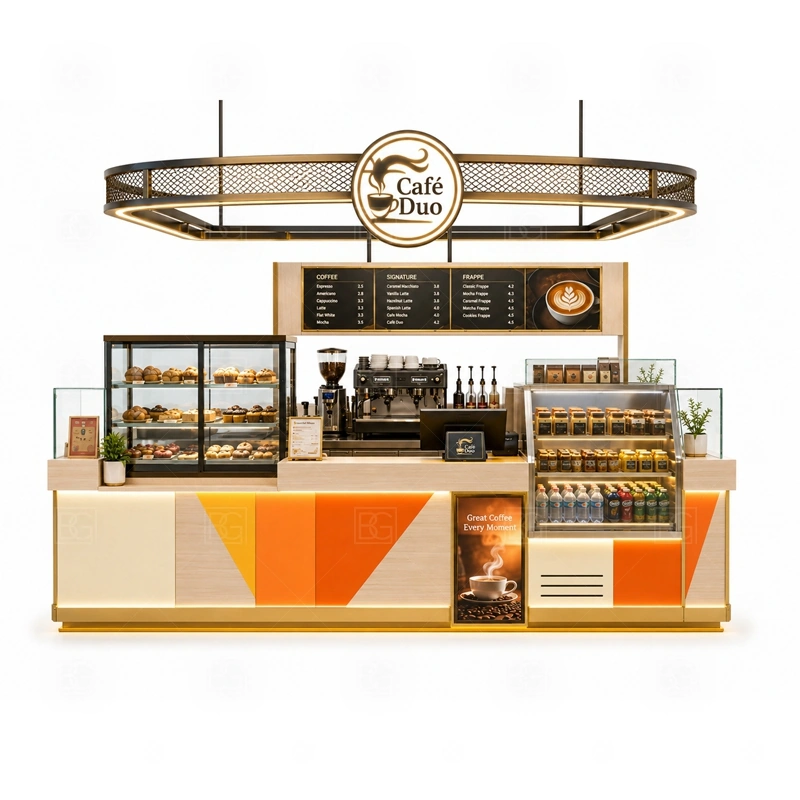 Cafe Bar Counter Kiosk for Sale storage detail for cup storage, bean storage, under-counter fridge space, packaging drawers, cleaning supply cabinets, and cable routes planned for cafe bar counter kiosk for sale