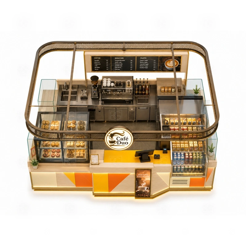 Cafe Bar Counter Kiosk for Sale buyer planning detail for Cafe Bar Counter Kiosk for Sale target size, espresso machine dimensions, grinder position, sink requirement, fridge size, menu board size, power and plumbing, destination country