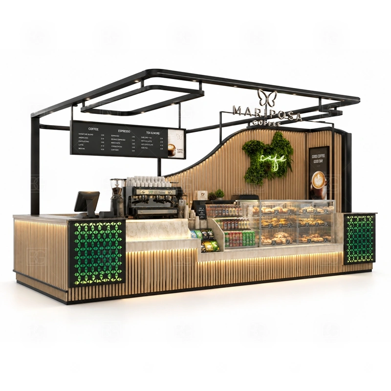 Cafe Booth Design with Espresso Counter display detail for espresso counter, menu board, pickup area, cup storage, dessert display, and customer-facing brand panels planned for cafe booth design with espresso counter