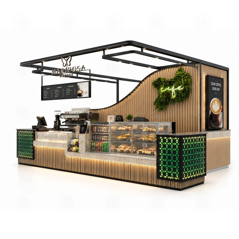 Cafe Booth Design with Espresso Counter branding detail for logo panels, menu boards, front graphics, side signs, and coffee brand colors coordinated for cafe booth design with espresso counter
