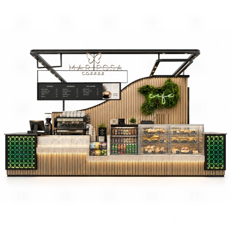 Cafe Booth Design with Espresso Counter storage detail for cup storage, bean storage, under-counter fridge space, packaging drawers, cleaning supply cabinets, and cable routes planned for cafe booth design with espresso counter