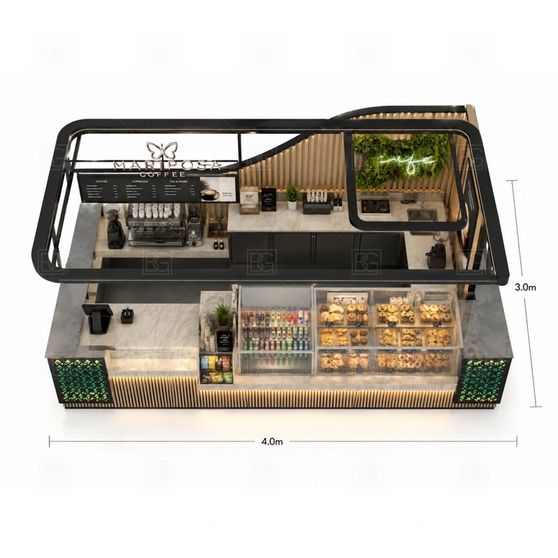 Cafe Booth Design with Espresso Counter buyer planning detail for Cafe Booth Design with Espresso Counter target size, espresso machine dimensions, grinder position, sink requirement, fridge size, menu board size, power and plumbing, destination country
