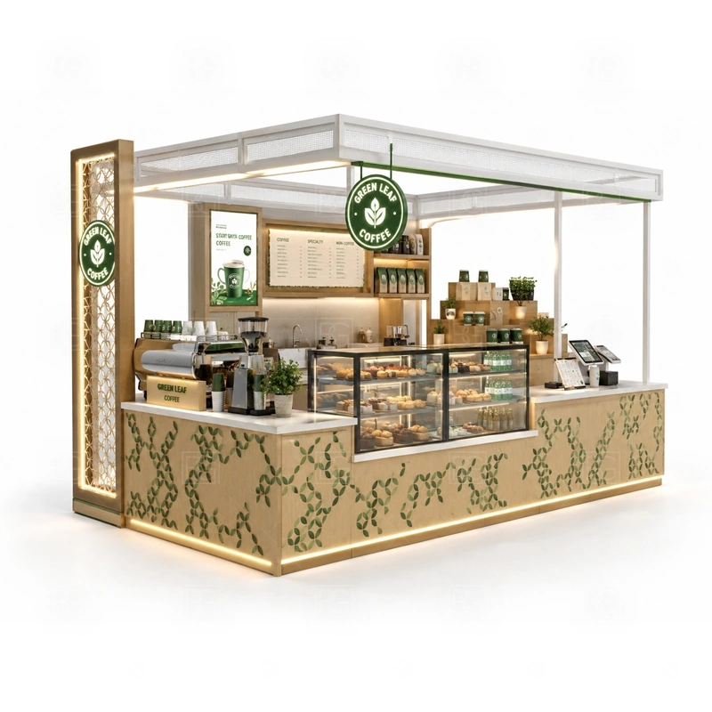 Coffee and Dessert Kiosk for Sale with coffee drinks, dessert display, glass showcase visibility, and counter service flow shown in the coffee and dessert kiosk for sale product photos for coffee and beverage retail