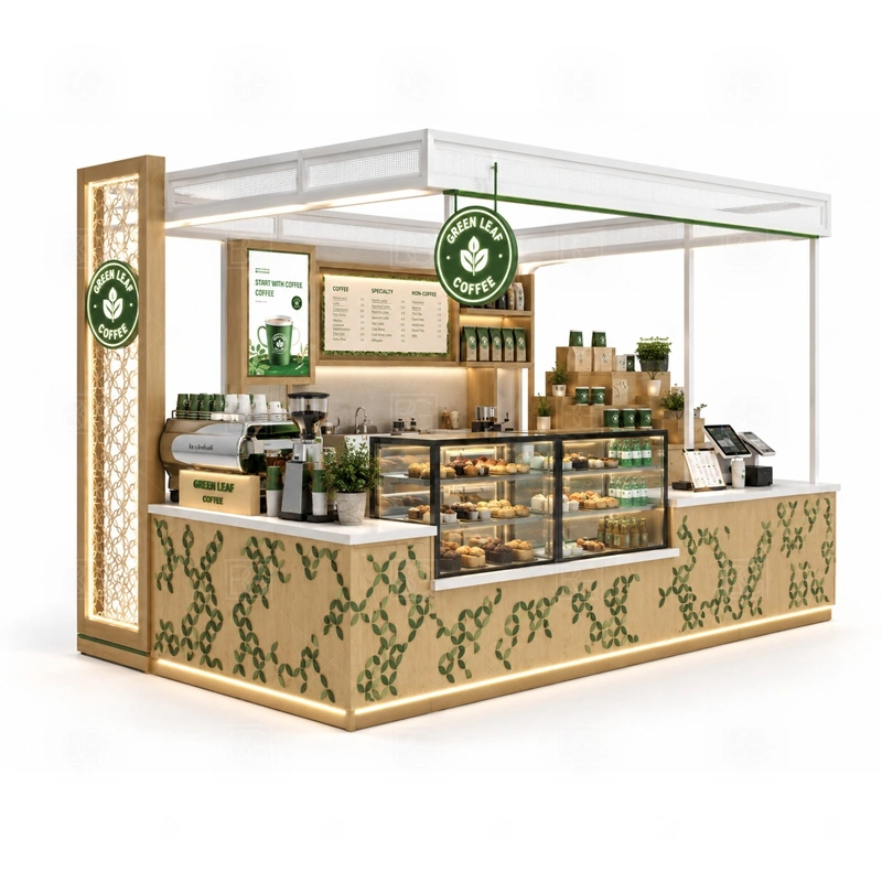 Coffee and Dessert Kiosk for Sale layout showing equipment-first coffee counter planning shown in the coffee and dessert kiosk for sale product photos, with center-court traffic where customers may approach from more than one direction