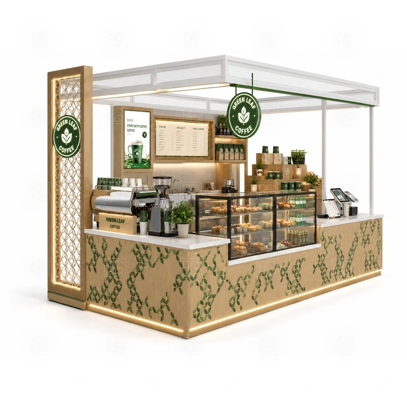 Coffee and Dessert Kiosk for Sale display detail for espresso counter, menu board, pickup area, cup storage, dessert display, and customer-facing brand panels planned for coffee and dessert kiosk for sale