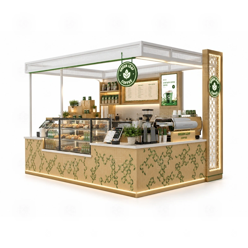 Coffee and Dessert Kiosk for Sale branding detail for logo panels, menu boards, front graphics, side signs, and coffee brand colors coordinated for coffee and dessert kiosk for sale