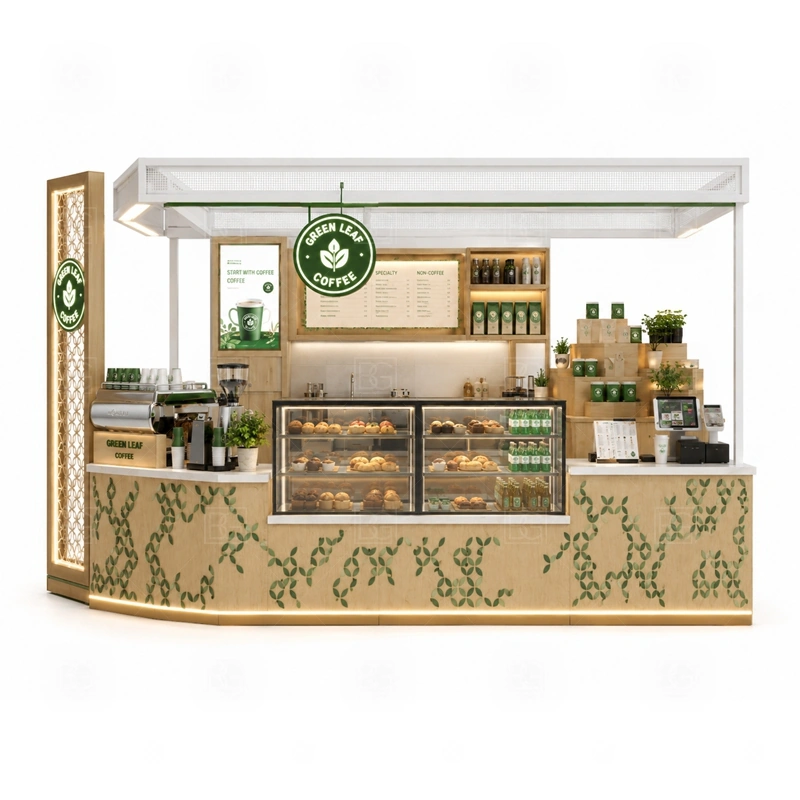 Coffee and Dessert Kiosk for Sale storage detail for cup storage, bean storage, under-counter fridge space, packaging drawers, cleaning supply cabinets, and cable routes planned for coffee and dessert kiosk for sale
