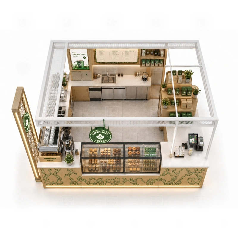 Coffee and Dessert Kiosk for Sale buyer planning detail for Coffee and Dessert Kiosk for Sale target size, espresso machine dimensions, grinder position, sink requirement, fridge size, menu board size, power and plumbing, destination country
