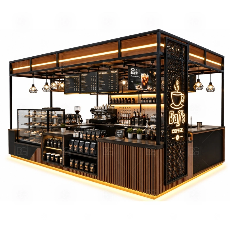 Coffee Bar Kiosk with Menu Board with coffee service layout, equipment planning, display counter design, and brand presentation shown in the coffee bar kiosk with menu board product photos for coffee and beverage retail