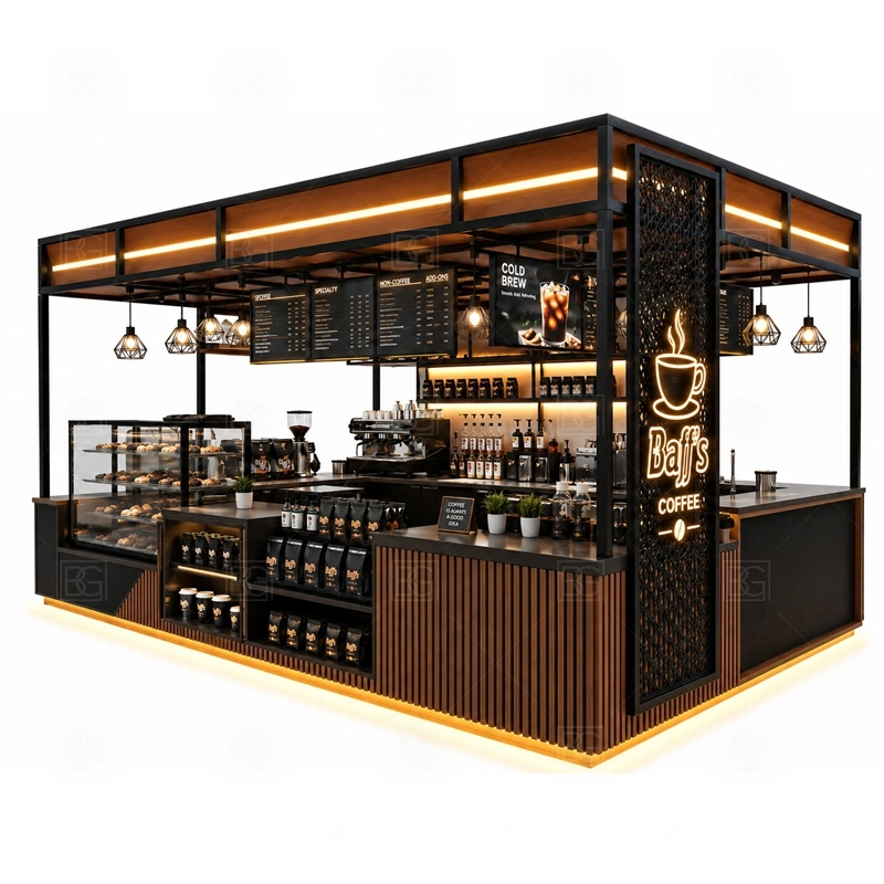 Coffee Bar Kiosk with Menu Board layout showing equipment-first coffee counter planning shown in the coffee bar kiosk with menu board product photos, with brand-led retail locations where signage and product visibility need to work together