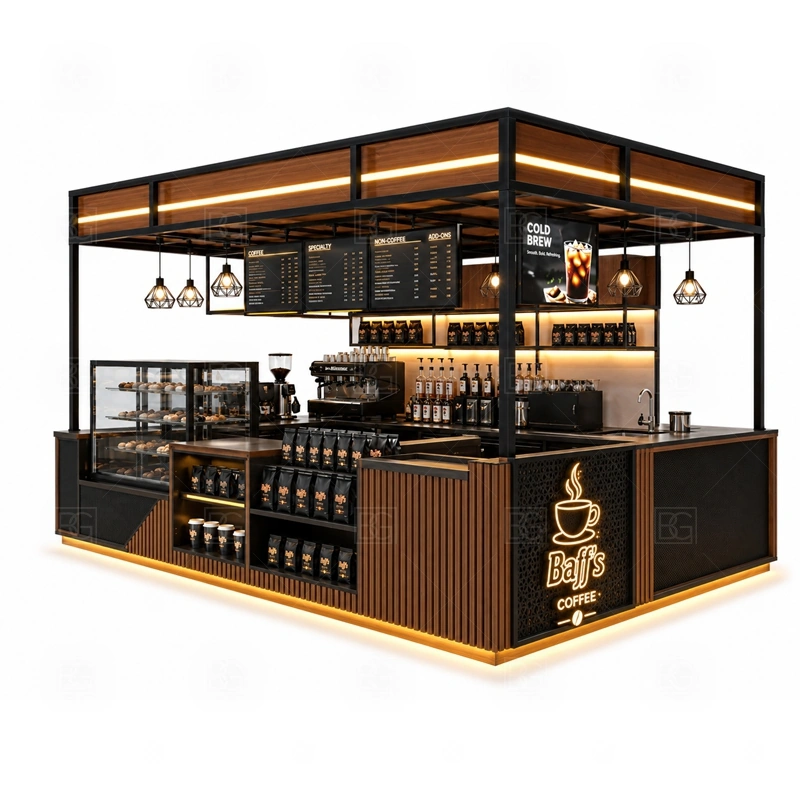 Coffee Bar Kiosk with Menu Board display detail for espresso counter, menu board, pickup area, cup storage, dessert display, and customer-facing brand panels planned for coffee bar kiosk with menu board