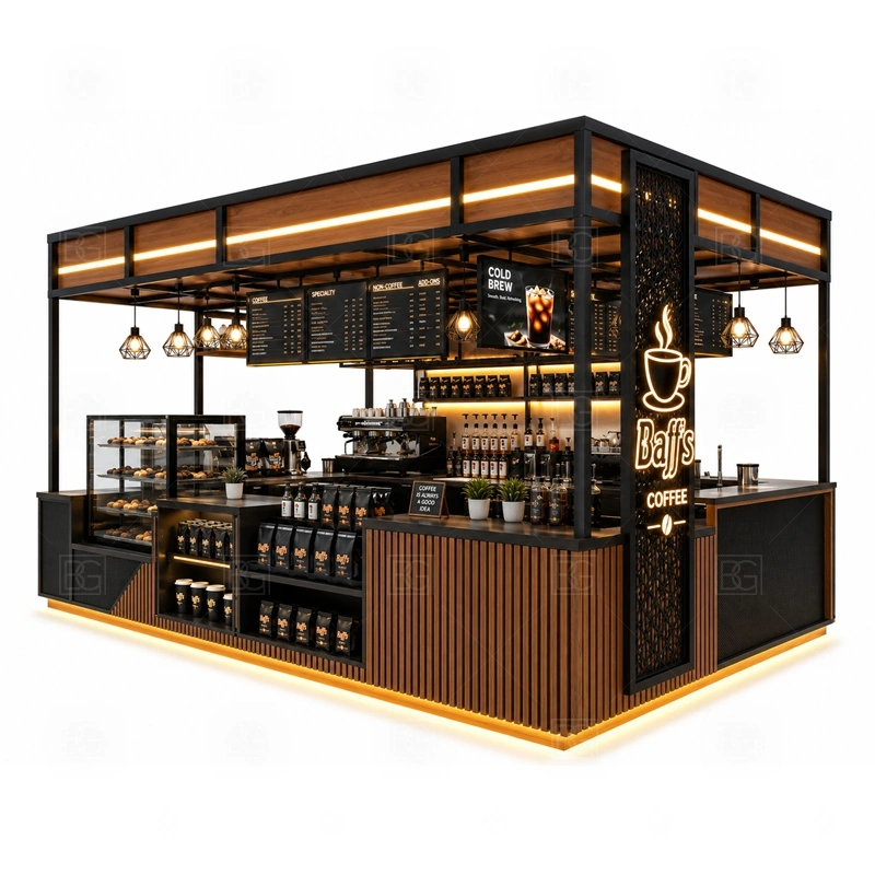 Coffee Bar Kiosk with Menu Board branding detail for logo panels, menu boards, front graphics, side signs, and coffee brand colors coordinated for coffee bar kiosk with menu board